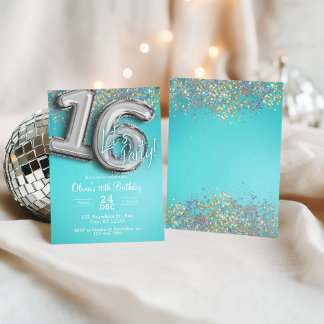 Teal blue glitter 16th Invitation