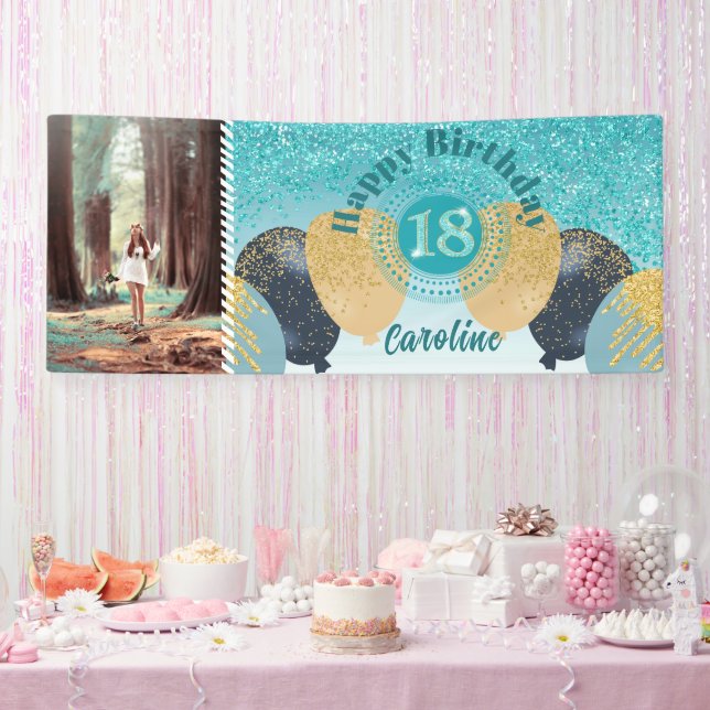 Teal Blue Glitter 18th Birthday & Balloons  Banner (Party)