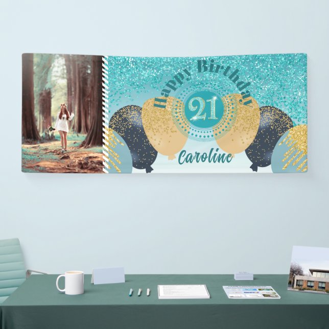Teal Blue Glitter 21st Birthday & Balloons  Banner (Tradeshow)