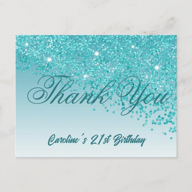 Teal Blue Glitter, 21st Birthday Thank You Postcard (Front)