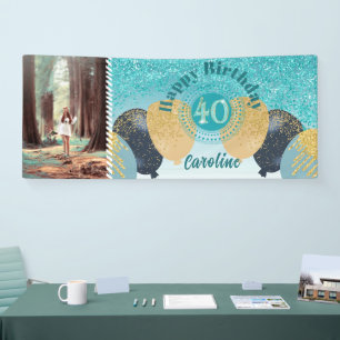 Teal Blue Glitter 40th Birthday & Balloons  Banner