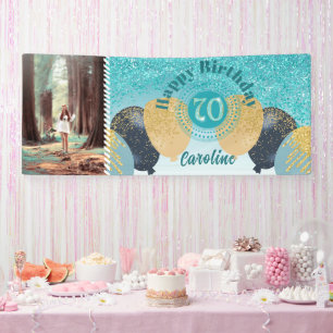 Teal Blue Glitter 70th Birthday & Balloons  Banner