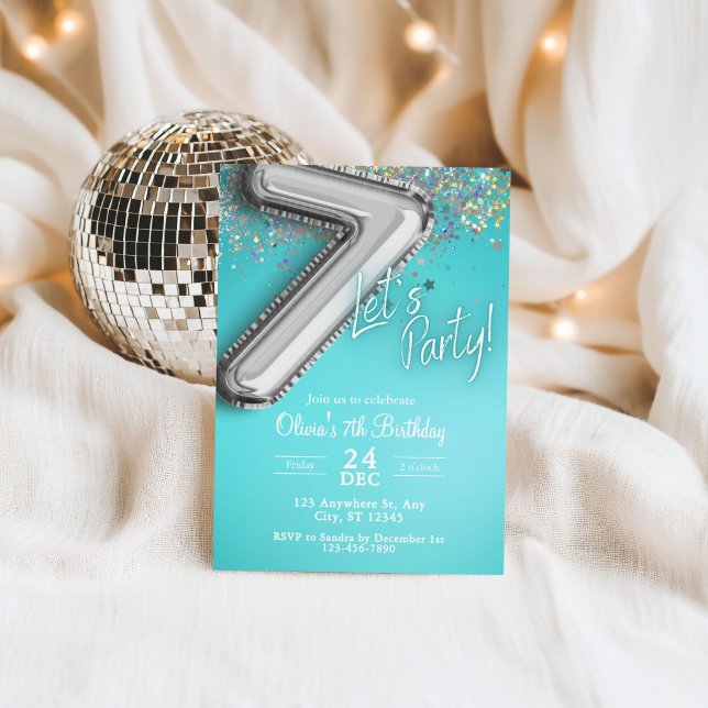 teal blue Glitter 7th Birthday Invitation (Creator Uploaded)
