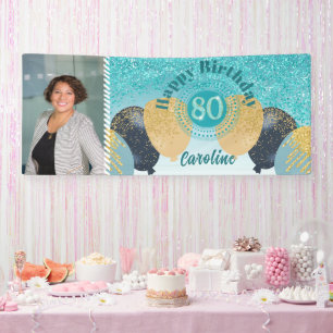 Teal Blue Glitter 80th Birthday & Balloons  Banner