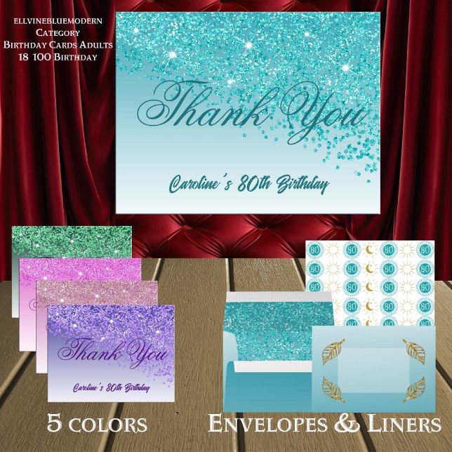 Teal Blue Glitter, 80th Birthday Thank You Postcard (Creator Uploaded)