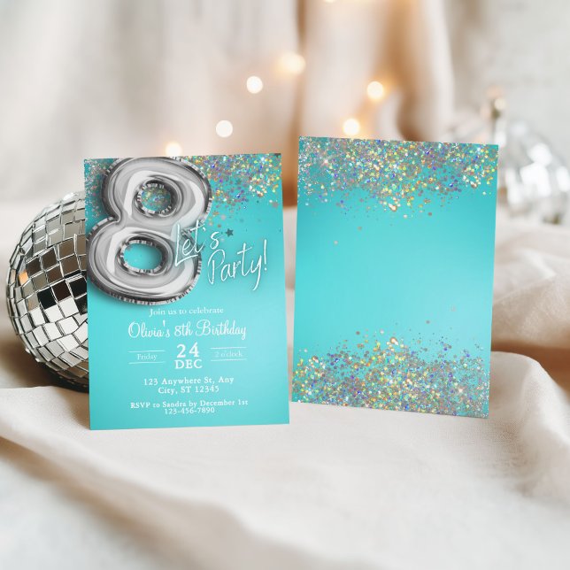 teal blue Glitter 8th Birthday Invitation (Creator Uploaded)