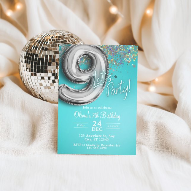 teal blue Glitter 9th Birthday Invitation (Creator Uploaded)