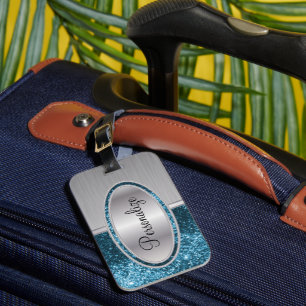 Teal Blue Glitter and Brush Steel Luggage Tag