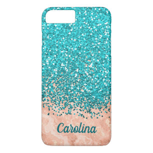 Teal Blue Glitter and Orange Marble, Personalised iPhone 8 Plus/7 Plus Case