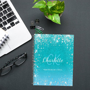 Teal blue glitter aqua green name 2026 planner