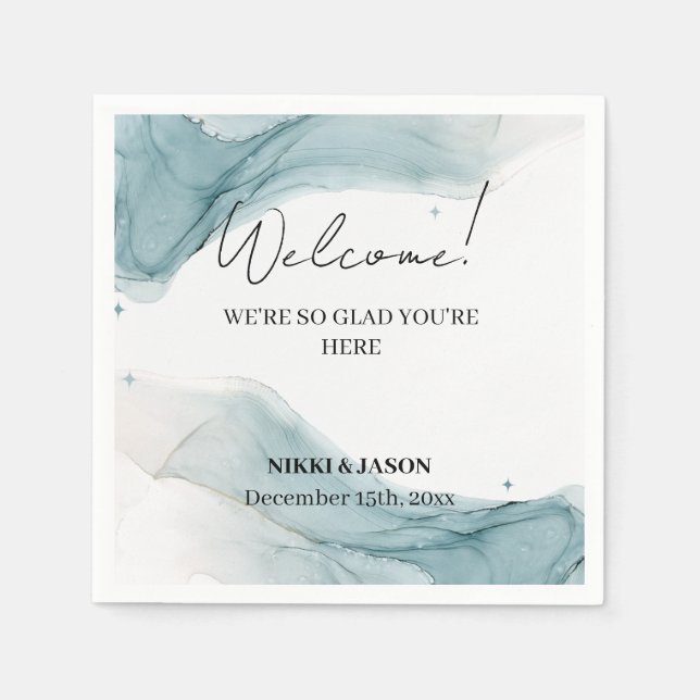 Teal Blue Glitter Aqua Green Wedding Welcome  Napkin (Front)