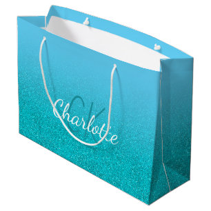 Teal blue glitter aqua monogram name birthday large gift bag