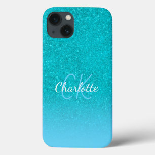 Teal blue glitter aqua sea green monogram initials iPhone 13 case