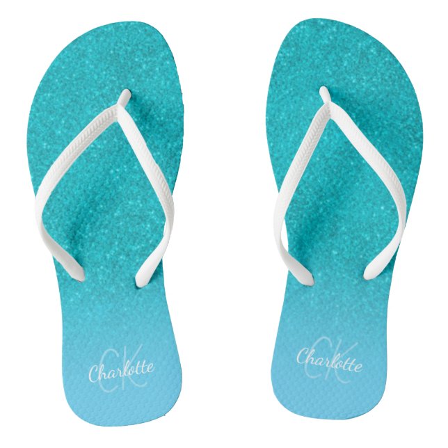 Teal blue glitter aqua sea green monogram initials flip flops (Footbed)