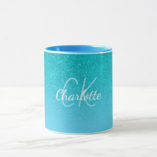 Teal blue glitter aqua sea green monogram initials mug