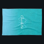 Teal blue glitter aqua sea green monogram initials tea towel<br><div class="desc">A teal,  blue sea,  ocean green glitter gradient background. Personalise and add a name and monogram letters. A modern hand lettered style script,  white and blue letters</div>