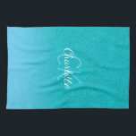Teal blue glitter aqua sea green monogram initials tea towel<br><div class="desc">A teal,  blue sea,  ocean green glitter gradient background. Personalise and add a name and monogram letters. A modern hand lettered style script,  white and blue letters</div>