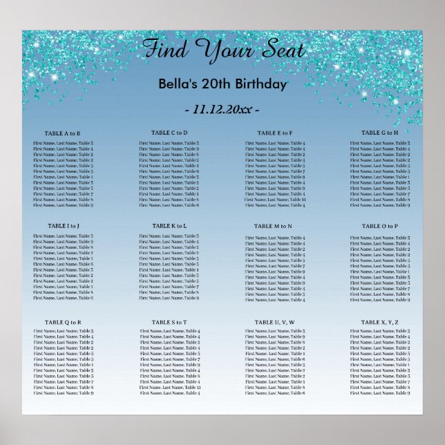 Teal Blue Glitter Birthday Alphabetic Seating Plan Poster (Front)