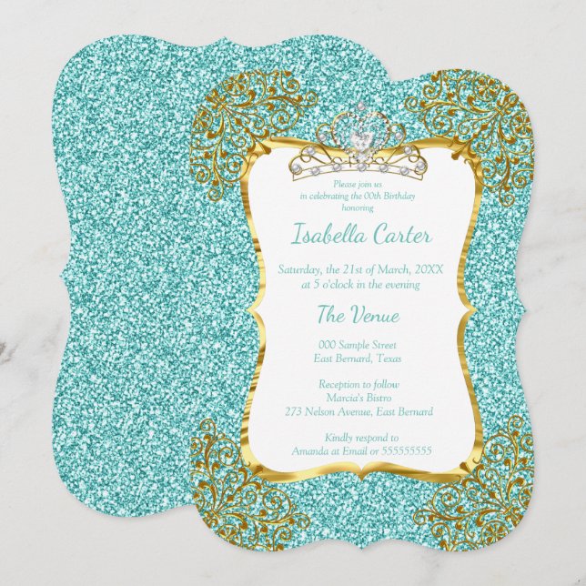 Teal Blue Glitter Birthday Party Gold White Tiara Invitation (Front/Back)