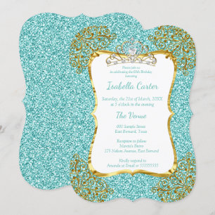 Teal Blue Glitter Birthday Party Gold White Tiara Invitation