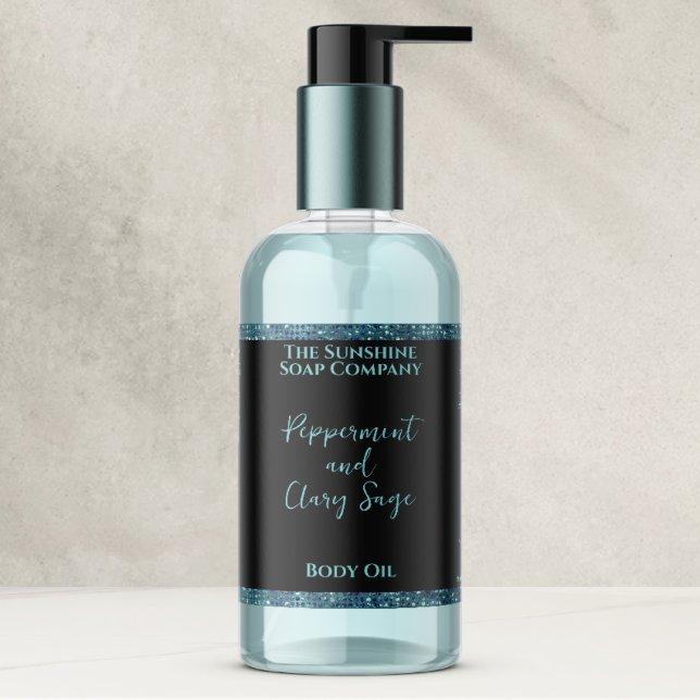 Teal Blue Glitter & Black Cosmetics Bottle Label (Creator Uploaded)