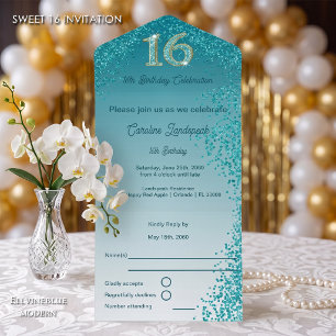 Teal Blue Glitter Calligraphy Number Sweet 16 All In One Invitation