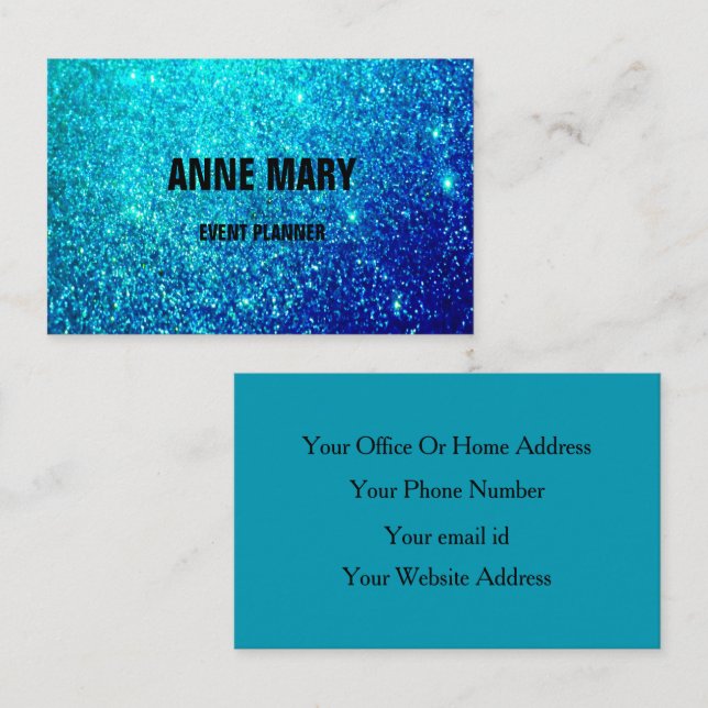 Teal Blue Glitter Colourful Wedding Event Planner Business Card (Front/Back)