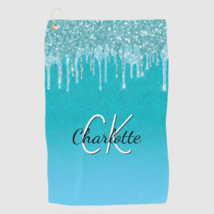 Teal blue glitter drips monogram sparkle golf towel