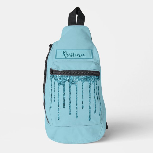Teal Blue Glitter Drips on Sky Blue Sling Bag (Front)