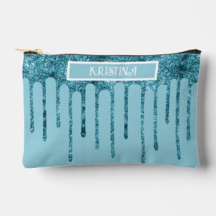Teal Blue Glitter Drips on Sky Blue Small Accessory Pouch
