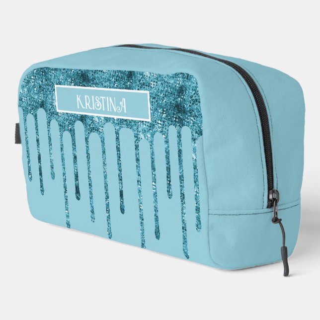 Teal Blue Glitter Drips on Sky Blue Toiletry Bag (Right Corner)