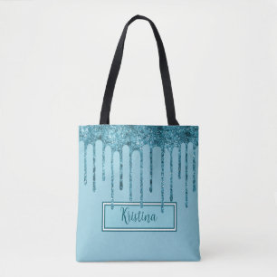 Teal Blue Glitter Drips on Sky Blue Tote Bag