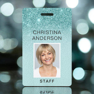 Teal Blue Glitter Employee Name Photo Corporate ID Badge
