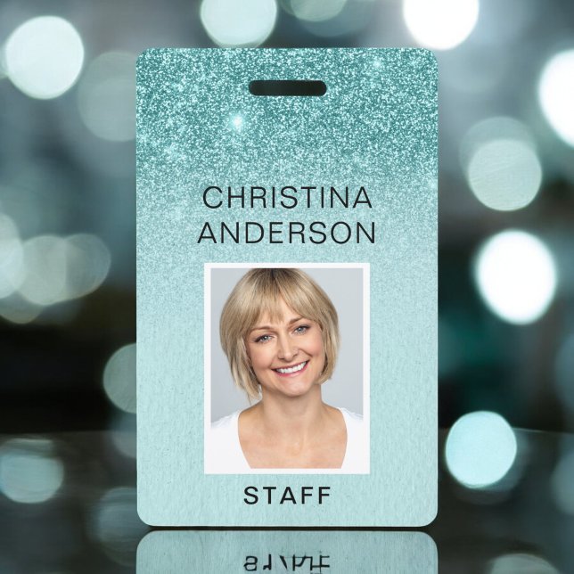 Teal Blue Glitter Employee Name Photo Corporate ID Badge (Creator Uploaded)