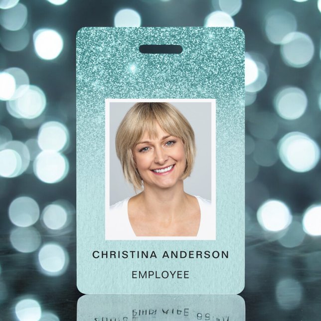 Teal Blue Glitter Employee Name Photo Corporate ID Badge (Creator Uploaded)