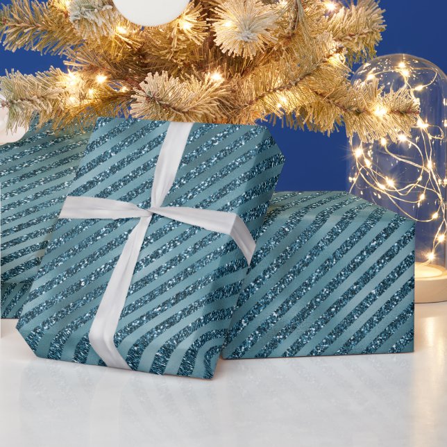 Teal Blue Glitter Glam Stripes   Wrapping Paper (Holidays)