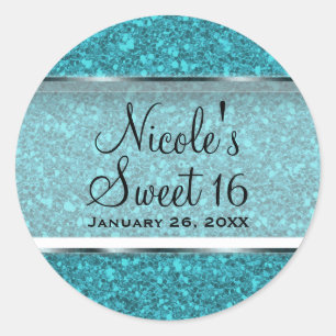 Teal Blue Glitter Glam Sweet 16 Custom Party Favou Classic Round Sticker