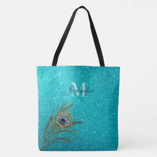 Teal Blue Glitter Glam with Peacock Feather Tote  Bag