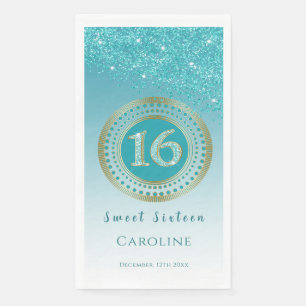Teal Blue Glitter & Gold Sweet 16 Monogrammed Napkin