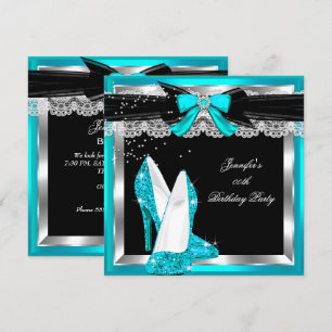 Teal Blue Glitter Hi Heels Silver Birthday Party Invitation