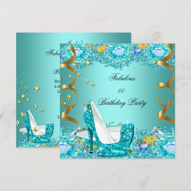Teal Blue Glitter High Heels Fabulous Birthday Invitation (Front/Back)