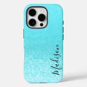 Teal Blue Glitter Lights Personalised iPhone 16 Pro Case