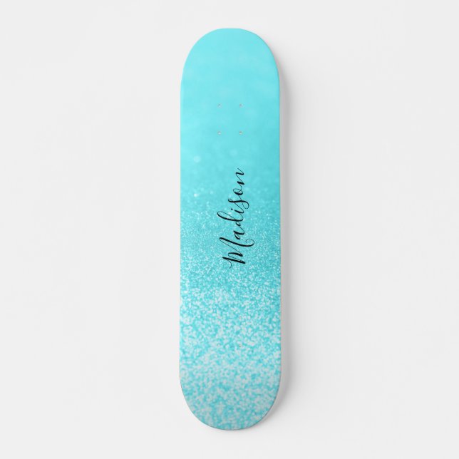 Teal Blue Glitter Lights Personalized Skateboard (Front)