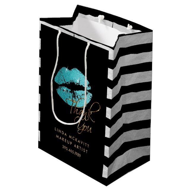 Teal Blue Glitter Lips & White Stripes - Thank You Medium Gift Bag (Back Angled)