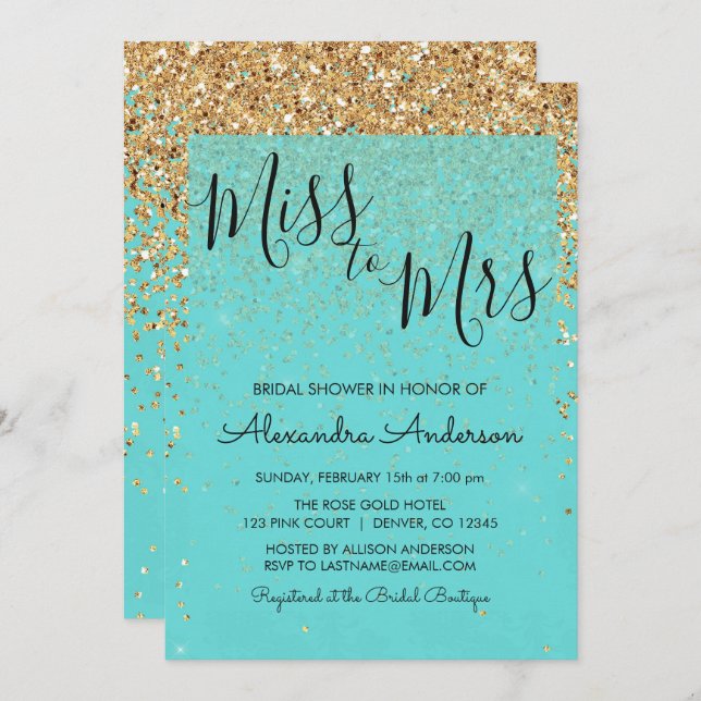Teal Blue Glitter Miss to Mrs Bridal Shower Invitation (Front/Back)
