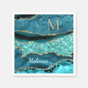 Teal Blue Glitter Napkins Custom Name and Letter