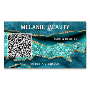Teal Blue Glitter QR Code Business Card Magnet