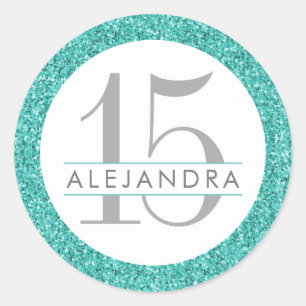Teal Blue Glitter Quince Años Favour Sticker Label