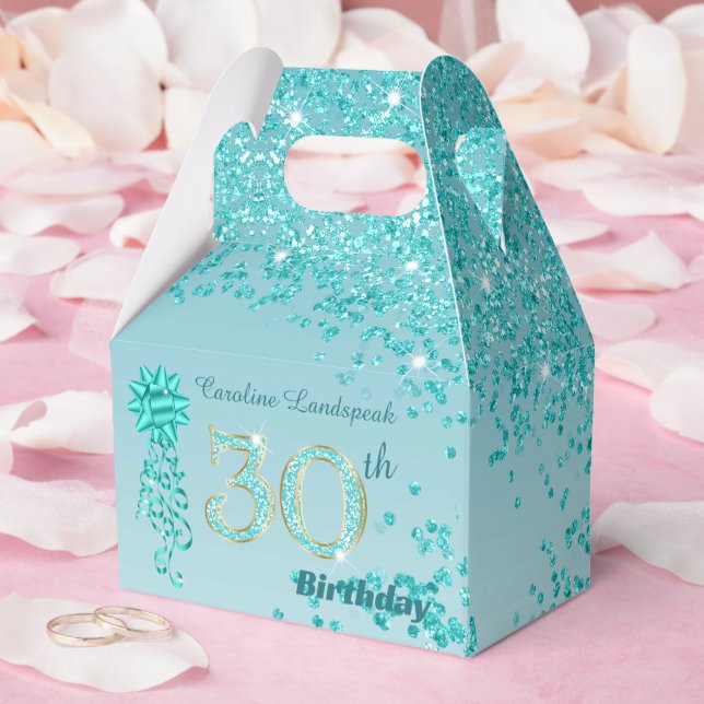 Teal Blue Glitter & Ribbon 30th Birthday Favour Box (Wedding)