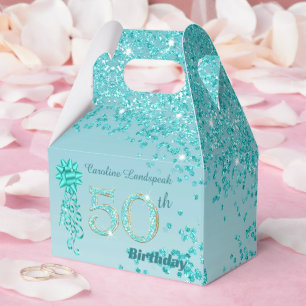 Teal Blue Glitter & Ribbon 50th Birthday Favour Box